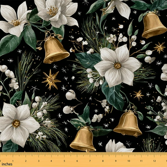 Homewish Chic Christmas Flower Fabric by the Yard 1 Yard,Xmas Bell Home Decor Fabric by the Yard,Gold White Green Sewing Fabric For Men Women,Super Cozy Room Decor