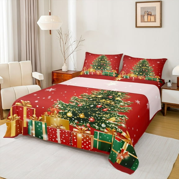 Homewish Chic Christmas Tree Twin Sheet Sets,Girls Xmas Gifts Twin Fitted Sheet,Red Green Flat Sheet For Child,Luxury Bedroom Decor,3-Piece