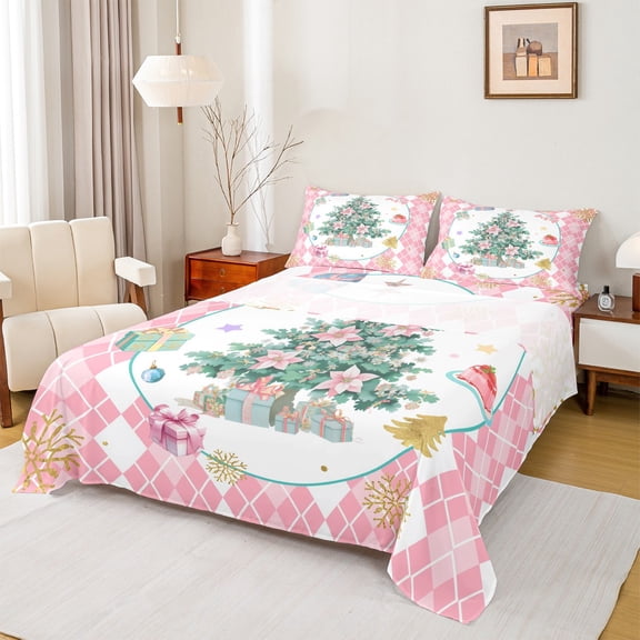 Homewish Chic Christmas Tree Twin Sheet Sets,Pink Xmas Flower Twin Fitted Sheet,Gold Snowflake Flat Sheet For Kids,Breathable Home Decor,3 Pieces