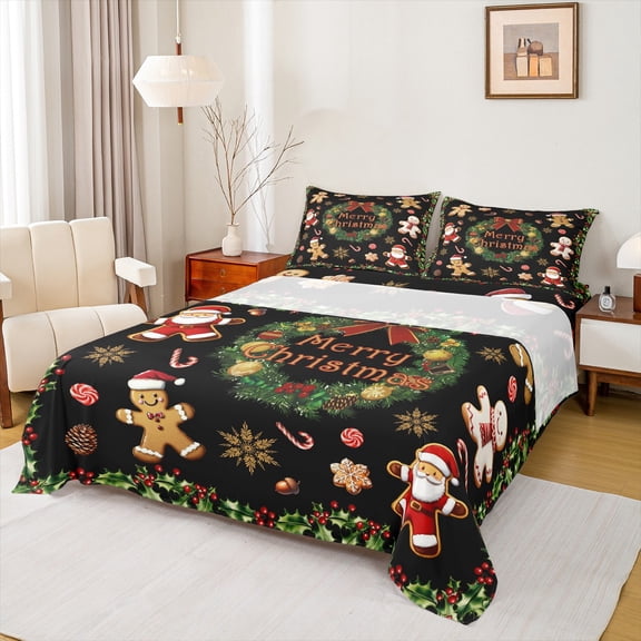 Homewish Chic Christmas Wreath Bed Sheets,Cute Santa Claus King Sheets,Cartoon Gingerbread Man Sheet Set For Girls Kids,Microfiber Bedroom Decor,4 Pieces