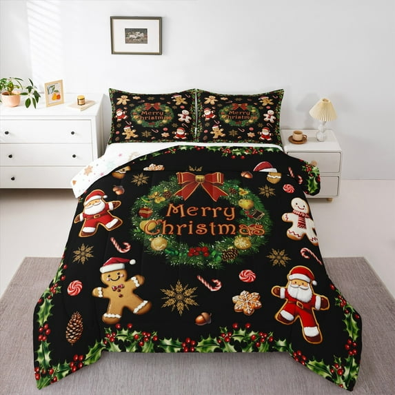 Homewish Chic Christmas Wreath Queen Comforter Set,Cute Santa Claus Bedding Sets,Cartoon Gingerbread Man Bedding Comforter Set For Girls Kids,Microfiber Bedroom Decor Reversible,3-Piece