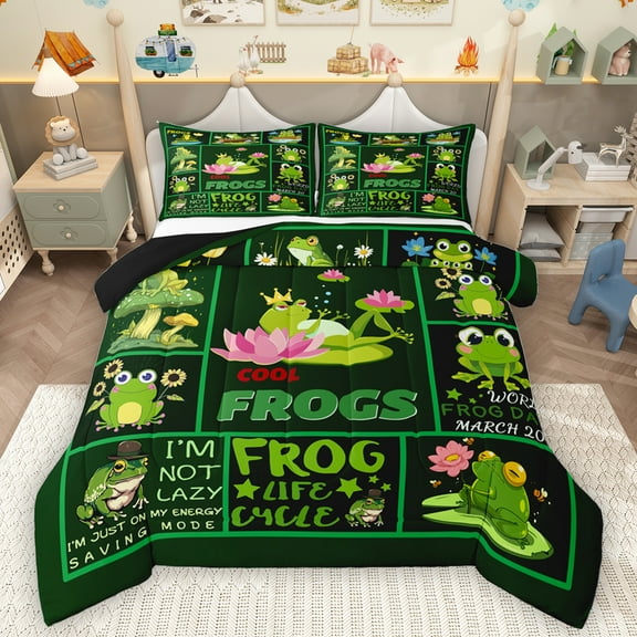 Homewish Chic Cool Frogs Bedding Comforter Set,Patchwork Geometric Checkered Twin Comforter Sets,Green Mushroom Pink Lotus Bedding Set For Boys Kids,Microfiber Bedroom Decor Reversible,2pcs
