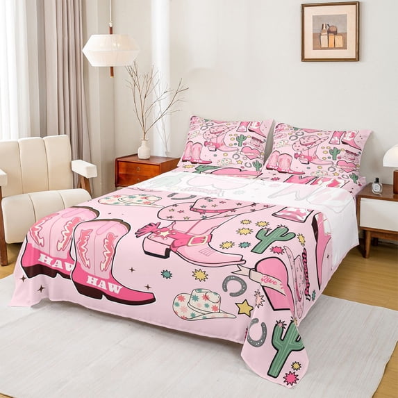 Homewish Chic Cowgirl Boots Full Size Sheets,Tropical Desert Cactus Bed Sheets,Colorful Stars Pattern Sheet Sets For Girls Kids,Luxury Bedroom Decor,4-Piece