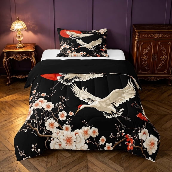 Homewish Chic Crane Twin Comforter Sets, Japanese Cherry Blossoms Bedding Set, Black Beige Red, Black Reversible 2 Piece, 1 Comforter and 1 Pillowcase