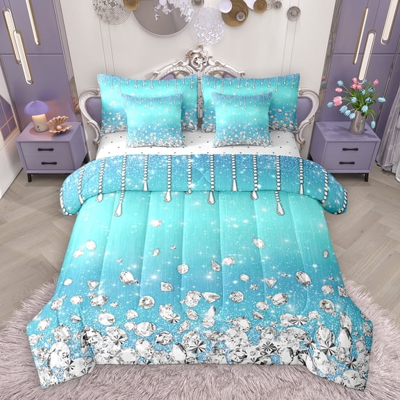 Homewish Chic Diamond 7-Piece Bedding Comforter Set,Glitter Print King Bedding Sets,Blue Silver Bed Sheets For Girls Kids,Super Cozy Room Decor