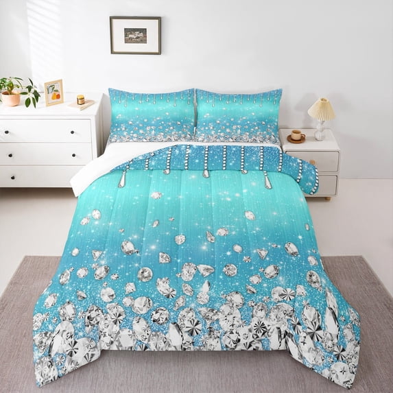 Homewish Chic Diamond Bedding Comforter Set,Glitter Print Twin Comforter Sets,Blue Silver Bedding Set For Girls Kids,Super Cozy Room Decor,2-Piece