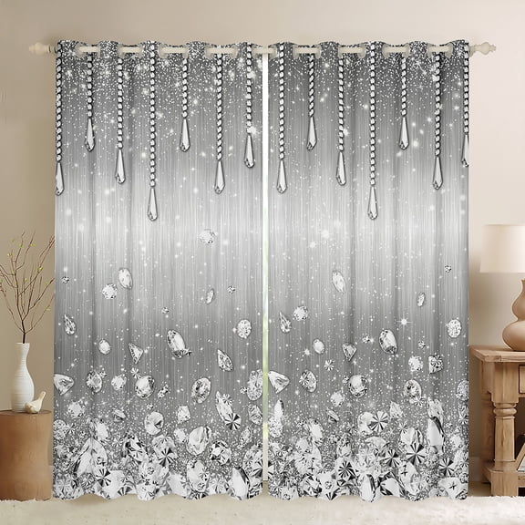 Homewish Chic Diamond Blackout Curtains Set of 2 (52x84 Each),Glitter Print Window Curtains,Gray Silver Curtains and Drapes For Girls Kids,Super Cozy Room Decor