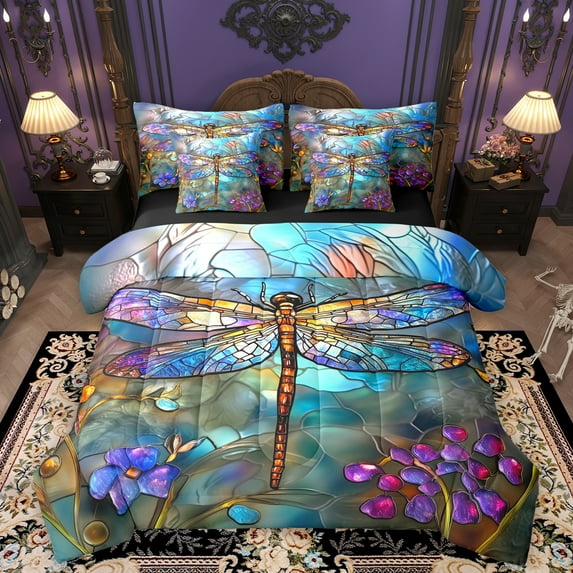 Homewish Chic Dragonfly 7-Piece Twin Bedding Sets,Colorful Glass Bedding Comforter Set,Modern Aesthetis Desgin Sheet Sets For Girls Kids,Super Cozy Room Decor Reversible