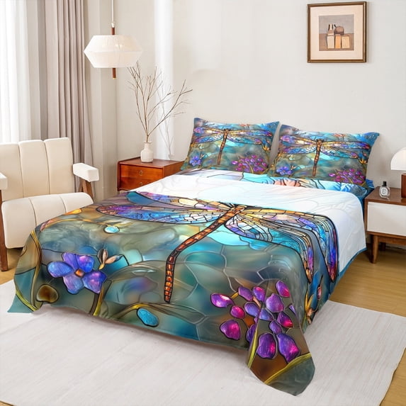 Homewish Chic Dragonfly Full Size Sheets,Colorful Glass Bed Sheets,Modern Aesthetis Desgin Sheet Sets For Girls Kids,Super Cozy Room Decor,4-Piece