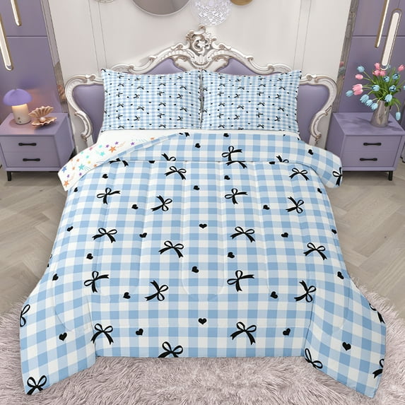 Homewish Chic Fashion Bow-tie Queen Comforter Set for Girls, Modern Blue Buffalo Plaid Bedding Sets, Cartoon Bow Reversible Bedding Comforter Set, Microfiber Bedroom Decor, 3-Piece
