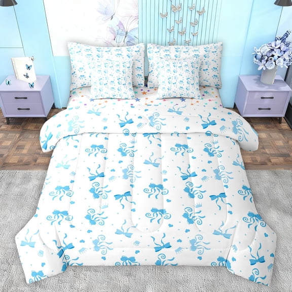 Homewish Chic Fashion Bowknot Bedding Comforter Set 7 Pieces for Kids, Kawaii Blue Bow-tie Full Bedding Set, Cartoon Princess Crown Reversible Fitted Sheet Flat Sheet, Super Cozy Room Decor
