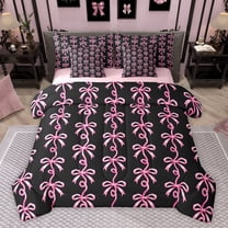 Homewish Chic Fashion Bowknot Twin Bedding Sets 7-Piece for Kids, Black Pink Bow-tie Bedding Comforter Set, Modern Stripes Abstract Reversible Sheet Sets, Breathable Home Decor