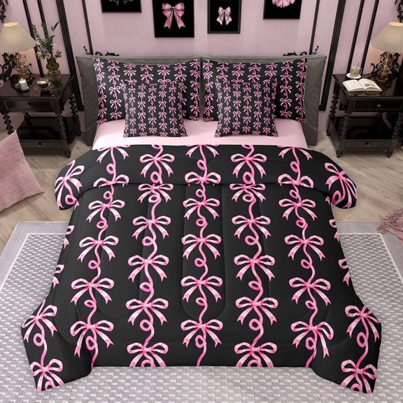 Homewish Chic Fashion Bowknot Twin Bedding Sets 7-Piece for Kids, Black Pink Bow-tie Bedding Comforter Set, Modern Stripes Abstract Reversible Sheet Sets, Breathable Home Decor