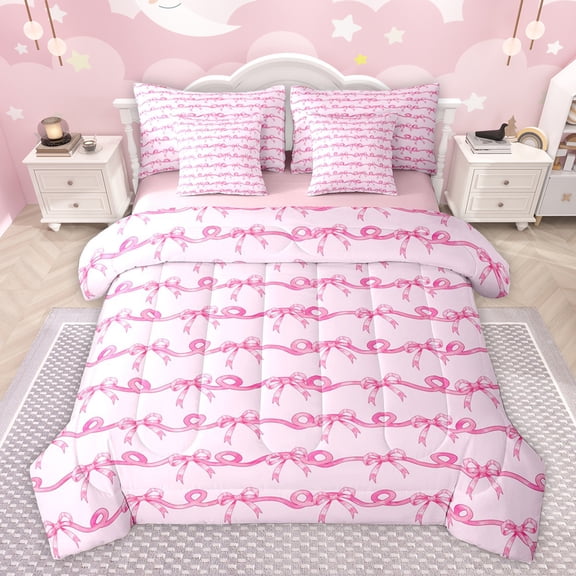 Homewish Chic Fashion Bowknot Twin Bedding Sets 7-Piece for Kids, Girly Pink Bow-tie Bedding Comforter Set, Modern Stripes Abstract Reversible Sheet Sets, Luxury Bedroom Decor
