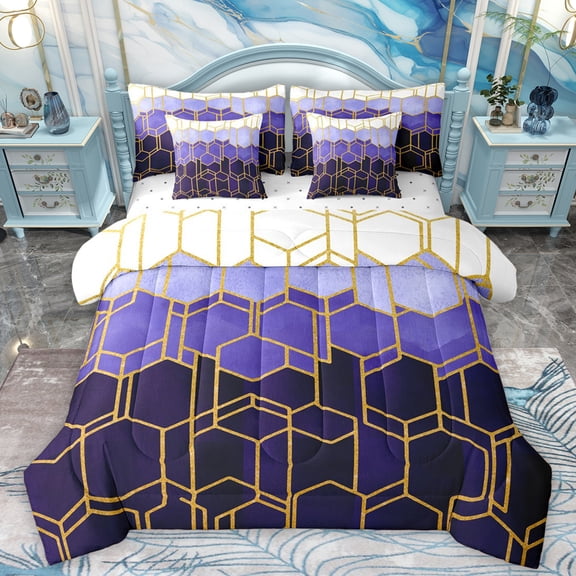 Homewish Chic Fashion Honeycomb Bedding Comforter Set 7pcs, Slate Blue Stripe Abstract Queen Bedding Sets, Teens Adult Men Women Reversible Queen Sheet Sets, Luxury Bedroom Decor