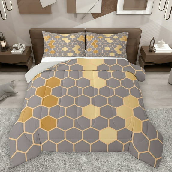 Homewish Chic Fashion Honeycomb Queen Comforter Set, Grey Gold Stripe Abstract Bedding Sets, Teens Adult Men Women Reversible Bedding Comforter Set, Microfiber Bedroom Decor, 3-Piece