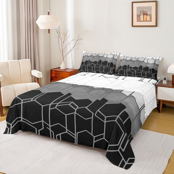 Homewish Chic Fashion Honeycomb Queen Sheet Sets, Black Grey Stripe Abstract Flat Sheet, Teens Adult Men Women Queen Fitted Sheet, Ultra Soft Bedroom Decor, 4 Pieces