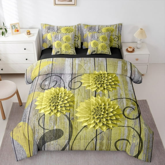 Homewish Chic Floral Daisy 7-Piece Bedding Comforter Set for Teens Boys Girls,Retro Rustic Cabin King Bedding Sets,Abstract Vintage Ultra Soft Bed Sheets,Ultra Soft Home Decor,Reversible