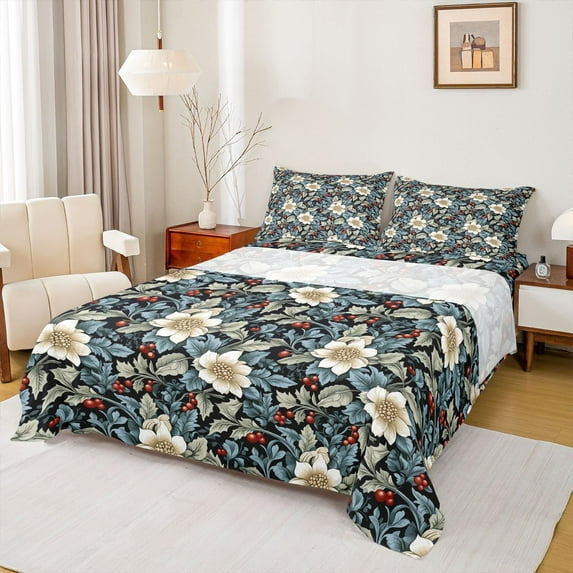 Homewish Chic Floral Flowers 4-Piece Full Size Sheets For Kids Teens Adults,Exotic Style Bed Sheets,Retro Vintage Lightweight Sheet Sets,Ultra Soft Home Decor