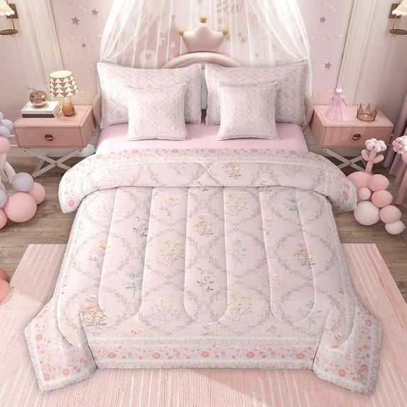 Homewish Chic Floral Flowers Bedding Comforter Set 7 Pieces for Boys Girls,Dreamy Princess Full Bedding Set Lightweight,Vintage Aesthetic Fitted Sheet Flat Sheet,Luxury Bedroom Decor,Reversible