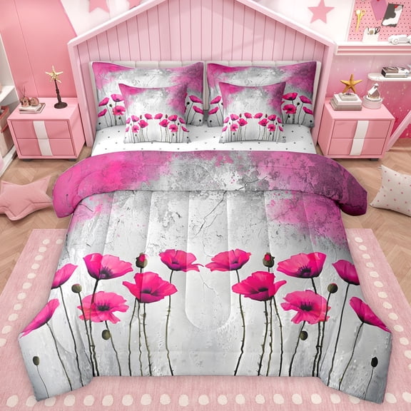 Homewish Chic Floral Flowers Bedding Comforter Set 7 Pieces for Female Men Adults,Grey Pink Full Bedding Set Lightweight,Spring Garden Fitted Sheet Flat Sheet,Breathable Home Decor,Reversible