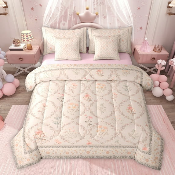 Homewish Chic Floral Flowers Twin Bedding Sets 7-Piece for Adults Female Men,Spring Garden Blossoms Bedding Comforter Set Microfiber,Abstract Geometric Plaid Breathable Sheet Sets