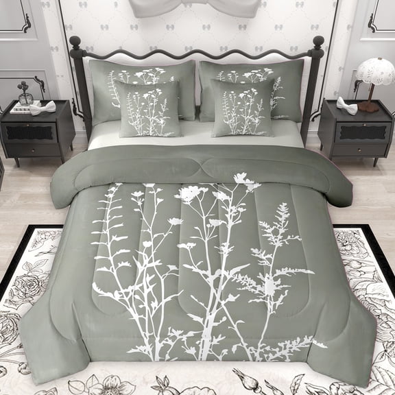 Homewish Chic Floral Leaves Bedding Comforter Set 7pcs for Female Men Women,Vintage Aesthetic Queen Bedding Sets Super Cozy,Botanical Plants Queen Sheet Sets,Microfiber Bedroom Decor,Reversible