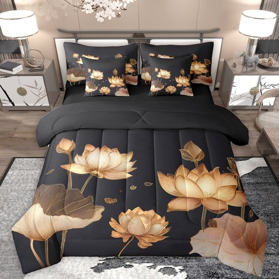 Homewish Chic Floral Lotus Bedding Comforter Set 7pcs for Female Men Adults,Oriental Style Queen Bedding Sets Super Cozy,Exotic Style Queen Sheet Sets,Super Cozy Room Decor,Reversible