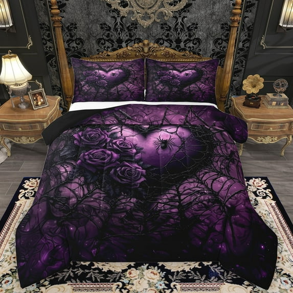 Homewish Chic Floral Rose 2pcs Bedding Comforter Set For Teens Adults,Purple Love Heart Twin Comforter Sets,Gothic Spider Web Breathable Bedding Set,Exotic Style Bedroom Decor,Reversible