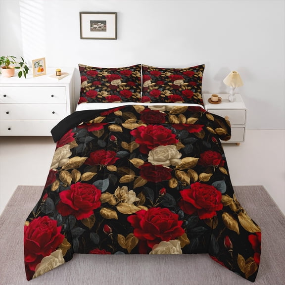 Homewish Chic Floral Rose 3 Pieces Queen Comforter Set for Female Men,Exotic Style Ultra Soft Bedding Sets,Spring Graden Bedding Comforter Set,Microfiber Bedroom Decor,Reversible
