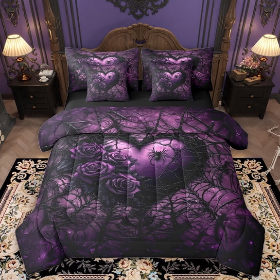 Homewish Chic Floral Rose 7 Pieces Bedding Comforter Set For Teens Adults,Purple Love Heart Full Bedding Set Lightweight,Gothic Spider Web Fitted Sheet Flat Sheet,Exotic Style Bedroom Decor