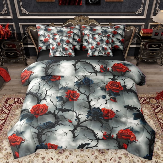 Homewish Chic Floral Rose Bedding Comforter Set 7pcs for Boys Girls,Gothic Style Queen Bedding Sets Super Cozy,Exotic Style Queen Sheet Sets,Super Cozy Room Decor,Reversible