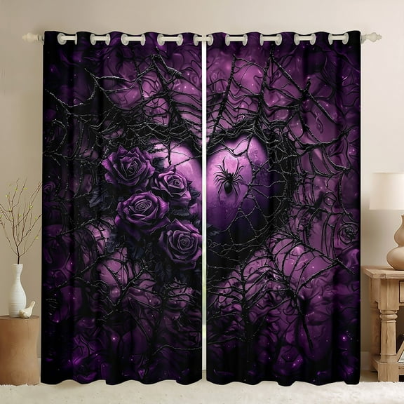 Homewish Chic Floral Rose Black Out Curtains For Teens Adults,Purple Love Heart Curtains Pack of 2 (42x63 Each),Gothic Spider Web Bedroom Curtains,Exotic Style Bedroom Decor