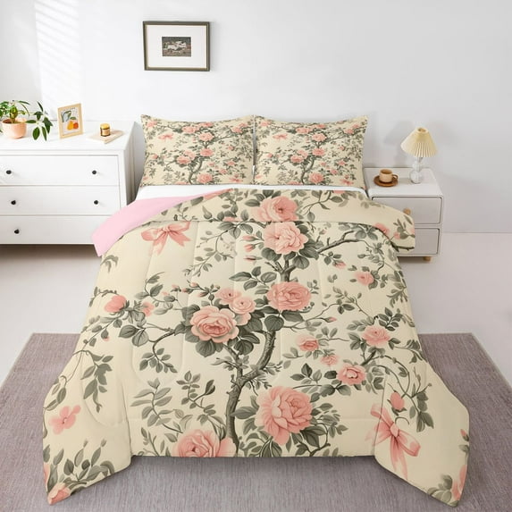 Homewish Chic Floral Rose Full Size Comforter Sets 3-Piece for Teens Girls Female,Kawaii Pink Bow Bedding Comforter Set,Retro Vintage Lightweight Bedding Sets,Ultra Soft Home Decor,Reversible