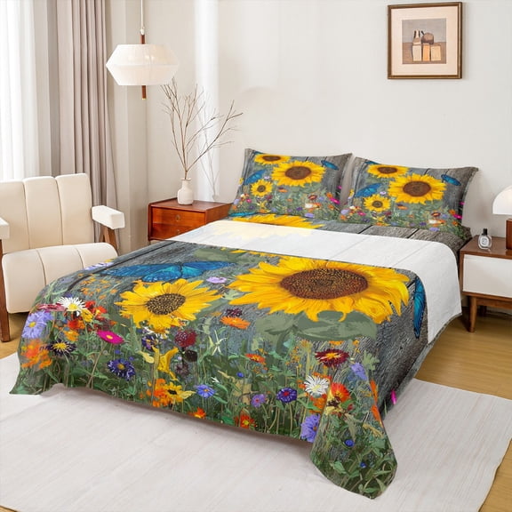 Homewish Chic Floral Sunflower 4 Pieces Queen Sheet Sets for Female Men Adults,Flying Blue Butterflies Ultra Soft Flat Sheet,Retro Lodge Cabin Queen Fitted Sheet,Ultra Soft Home Decor