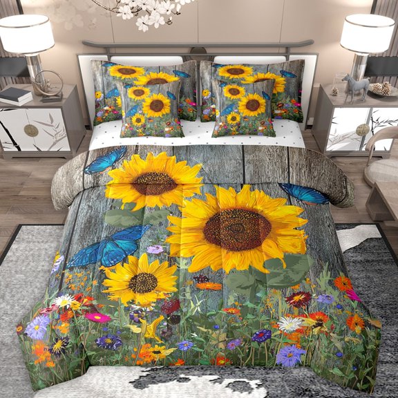 Homewish Chic Floral Sunflower Bedding Comforter Set 7pcs for Female Men Adults,Flying Blue Butterflies Queen Bedding Sets Super Cozy,Retro Lodge Cabin Queen Sheet Sets,Ultra Soft Home Decor