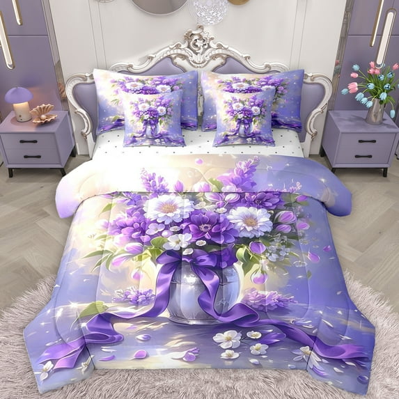 Homewish Chic Flower 7-Piece Twin Bedding Sets,Purple Bowtie Ribbon Bedding Comforter Set,Cartoon Daisy Floral Sheet Sets For Girls Kids,Breathable Home Decor Reversible