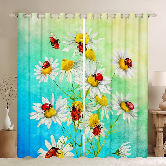 Homewish Chic Flower Daisy Black Out Curtains for Kids Children Teens,Red Ladybird Curtains Pack of 2 (42x63 Each),Abstract Watercolor Gradient Bedroom Curtains,Lightweight Room Decor