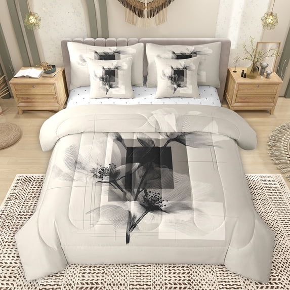 Homewish Chic Flower Floral Bedding Comforter Set 7 Pieces for Teens, Art Stripes Lines Full Bedding Set, Square Abstract Ombre Reversible Fitted Sheet Flat Sheet, Breathable Home Decor