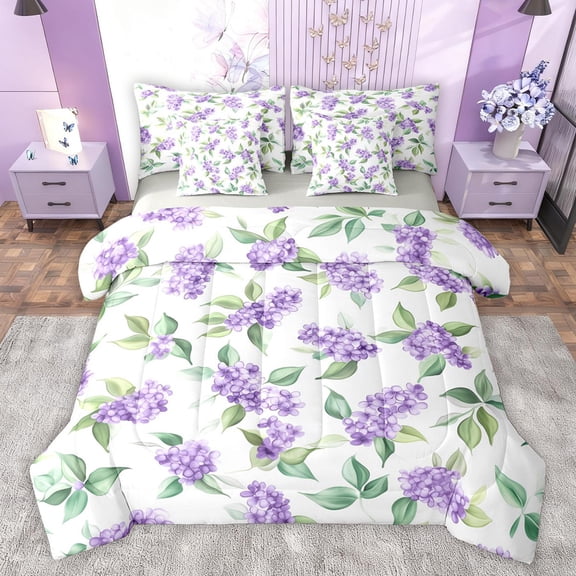 Homewish Chic Flower Floral Bedding Comforter Set 7pcs, Cartoon Plant Botanical Queen Bedding Sets, Simple French Fashion Reversible Queen Sheet Sets, Luxury Bedroom Decor