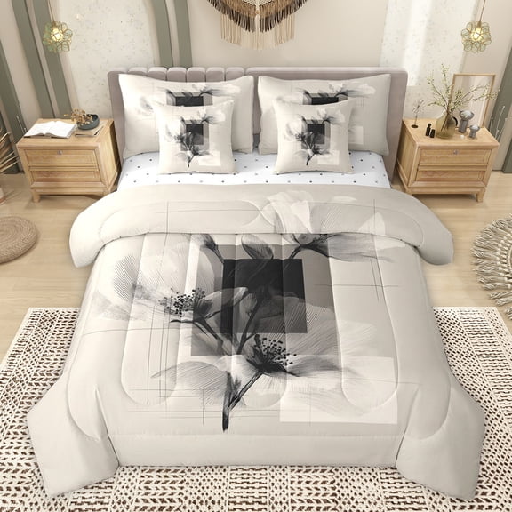 Homewish Chic Flower Floral Bedding Comforter Set 7pcs for Teens, Art Stripes Lines King Bedding Sets, Square Abstract Ombre Reversible Bed Sheets, Breathable Home Decor
