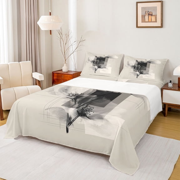 Homewish Chic Flower Floral Queen Sheet Sets for Teens, Art Stripes Lines Flat Sheet, Square Abstract Ombre Queen Fitted Sheet, Breathable Home Decor, 4pcs