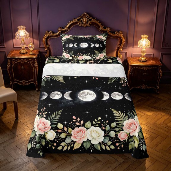 Homewish Chic Flower Floral Twin Sheets for Girls, Moon Phase Stars Bedding, 3pcs, 1 Flat Sheet, 1 Fitted Sheet and 1 Pillowcase