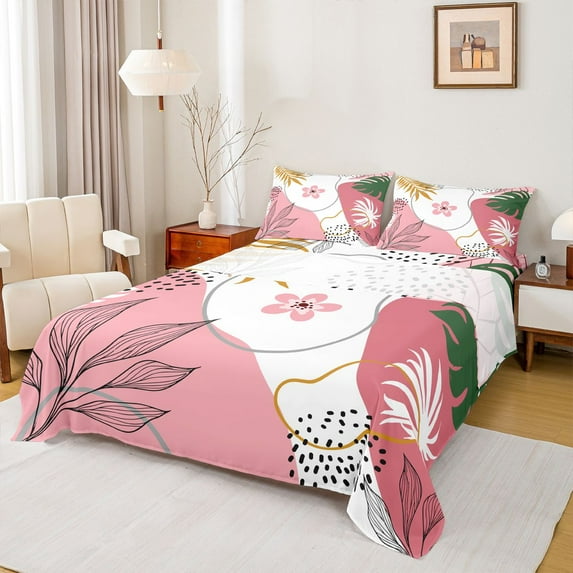 Homewish Chic Flower Leaves 4 Pieces Queen Sheet Sets for Teens Boys Girls,Mid Century Ultra Soft Flat Sheet,Vintage Aesthetic Queen Fitted Sheet,Ultra Soft Home Decor