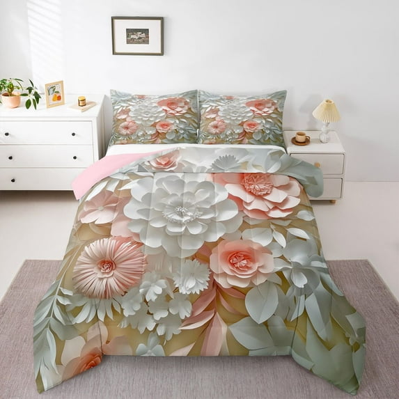 Homewish Chic Flowers 3 Pieces Queen Comforter Set for Female Men Women,Pink White Floral Ultra Soft Bedding Sets,Spring Graden Bedding Comforter Set,Breathable Home Decor,Reversible