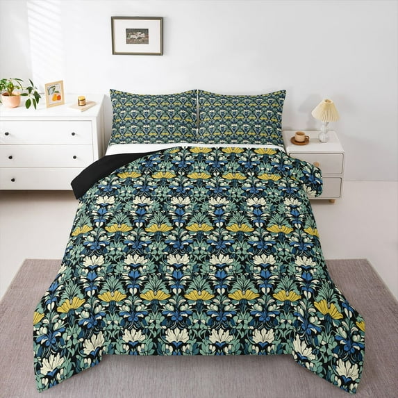 Homewish Chic Flowers 3 Pieces Queen Comforter Set For Kids Teens Adults,Floral Blossoms Leaves Ultra Soft Bedding Sets,Retro Vintage Bedding Comforter Set,Ultra Soft Home Decor,Reversible
