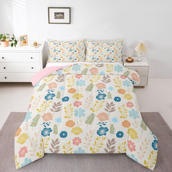 Homewish Chic Flowers 3 Pieces Queen Comforter Set For Kids Teens Female Girls,Spring Garden Ultra Soft Bedding Sets,Colorful Floral Leaves Bedding Comforter Set,Lightweight Room Decor,Reversible