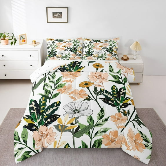 Homewish Chic Flowers 3 Pieces Queen Comforter Set for Teens Boys Girls,Green Tree Leaves Ultra Soft Bedding Sets,Botanical Plants Bedding Comforter Set Breathable,Lightweight Room Decor,Reversible