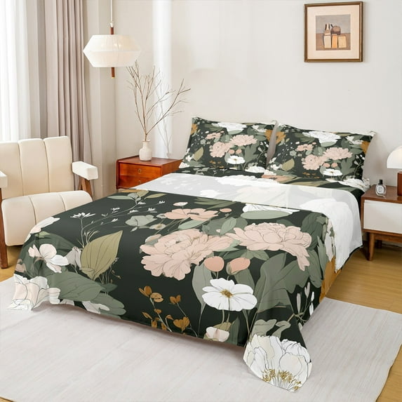 Homewish Chic Flowers 4-Piece Full Size Sheets For Kids Teens Adults,Spring Garden Bed Sheets,Abstract Retro Vintage Lightweight Sheet Sets,Ultra Soft Home Decor