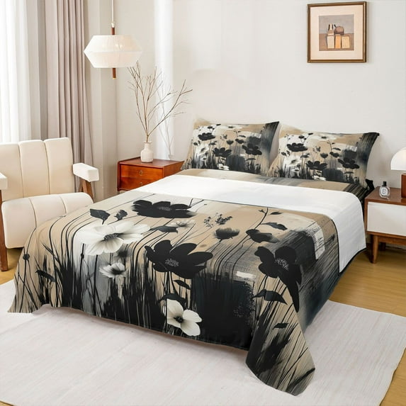 Homewish Chic Flowers 4-Piece Full Size Sheets For Kids Teens Female Girls,Chic Floral Blossoms Bed Sheets,Abstract Retro Vintage Lightweight Sheet Sets,Lightweight Room Decor